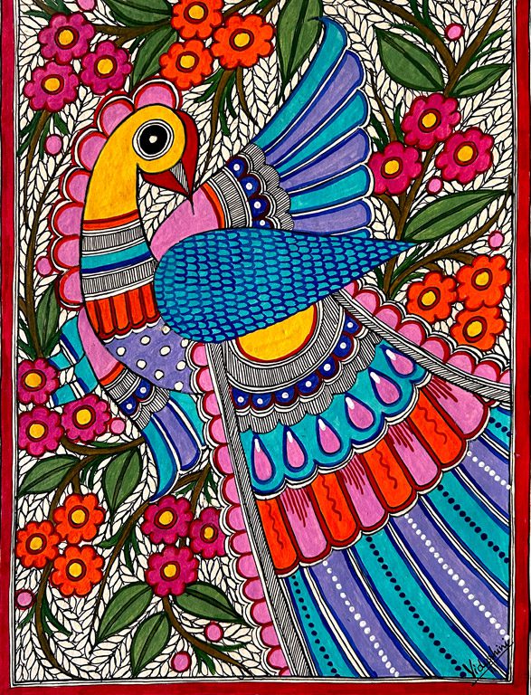 Dancing Peacock in Blue Madhubani peacock painting by Vidushini Prasad 3