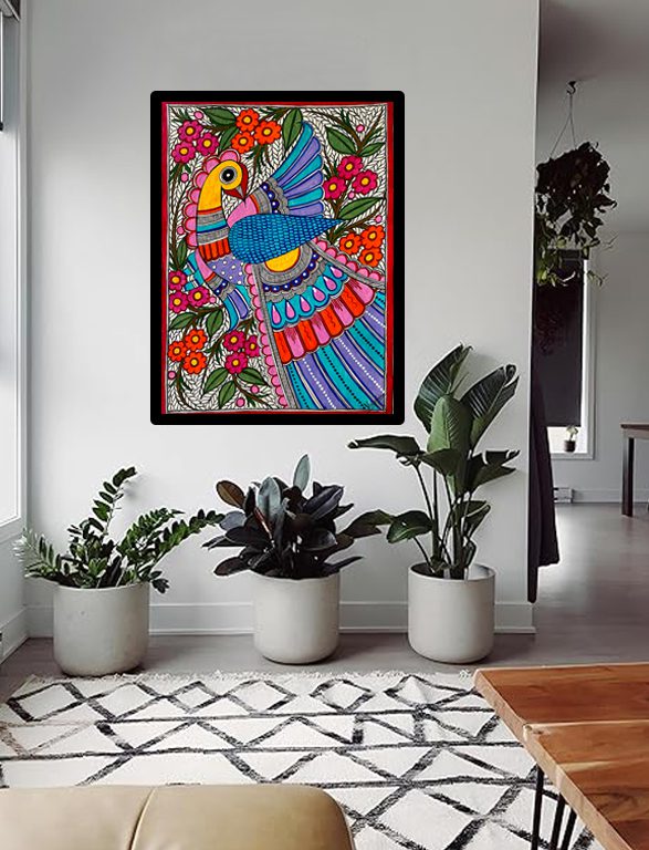 Dancing Peacock in Blue Madhubani peacock painting by Vidushini Prasad on Wall