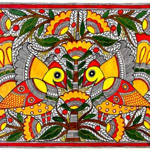 Fire Fish at the Sacred Tree Madhubani fish tree painting by Vidushini Prasad