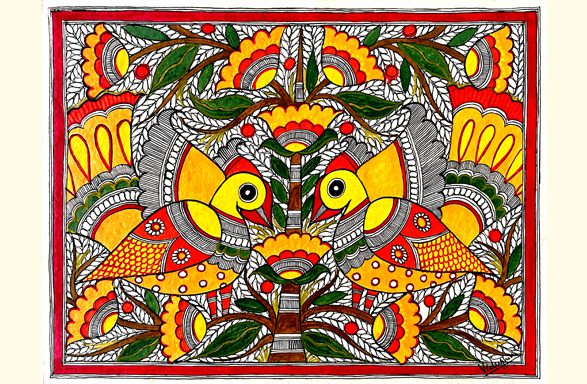 Fire Fish at the Sacred Tree Madhubani fish tree painting by Vidushini Prasad