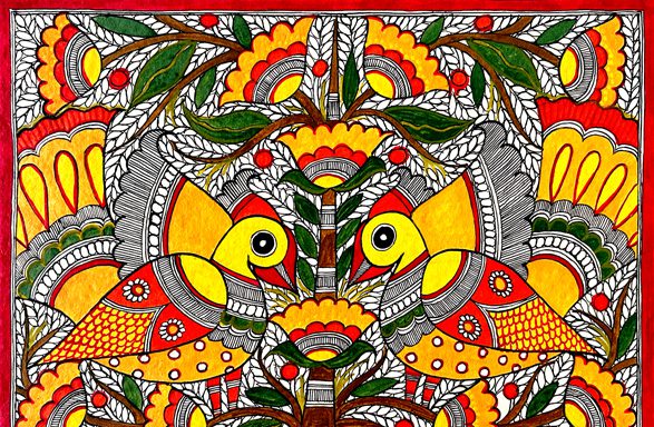 Fire Fish at the Sacred Tree Madhubani fish tree painting by Vidushini Prasad 2