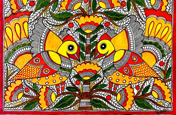 Fire Fish at the Sacred Tree Madhubani fish tree painting by Vidushini Prasad 3