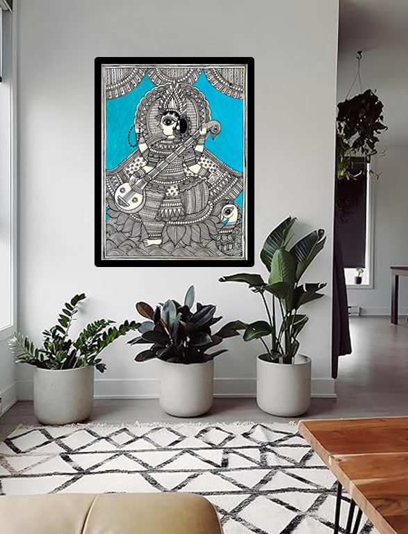 Goddess Saraswati Madhubani Saraswati painting by Vidushini Prasad on Wall