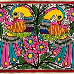 Golden Parrots in Harmony Madhubani parrot painting by Vidushini Prasad