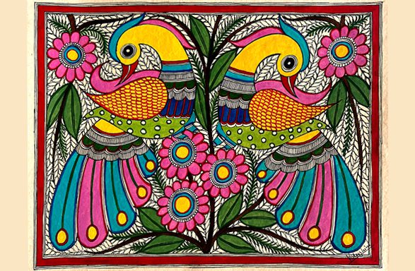 Golden Parrots in Harmony Madhubani parrot painting by Vidushini Prasad