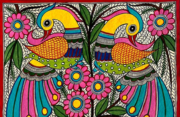 Golden Parrots in Harmony Madhubani parrot painting by Vidushini Prasad 2