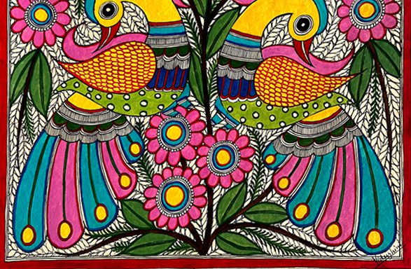 Golden Parrots in Harmony Madhubani parrot painting by Vidushini Prasad 3