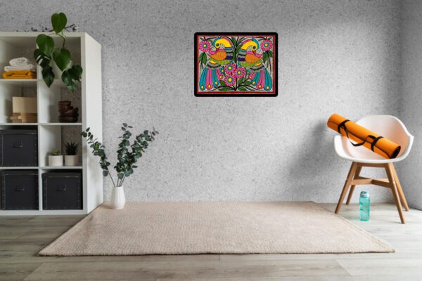 Golden Parrots in Harmony Madhubani parrot painting by Vidushini Prasad on Wall