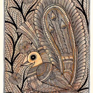 Golden Peacock in Ink Madhubani peacock line art by Vidushini Prasad