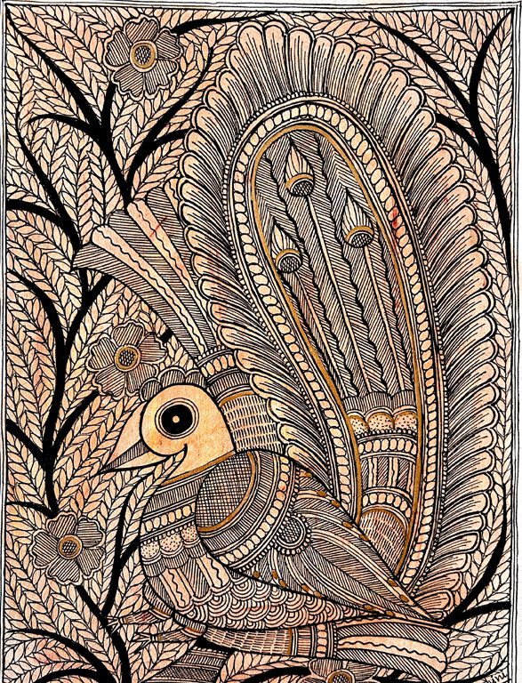 Golden Peacock in Ink Madhubani peacock line art by Vidushini Prasad 2