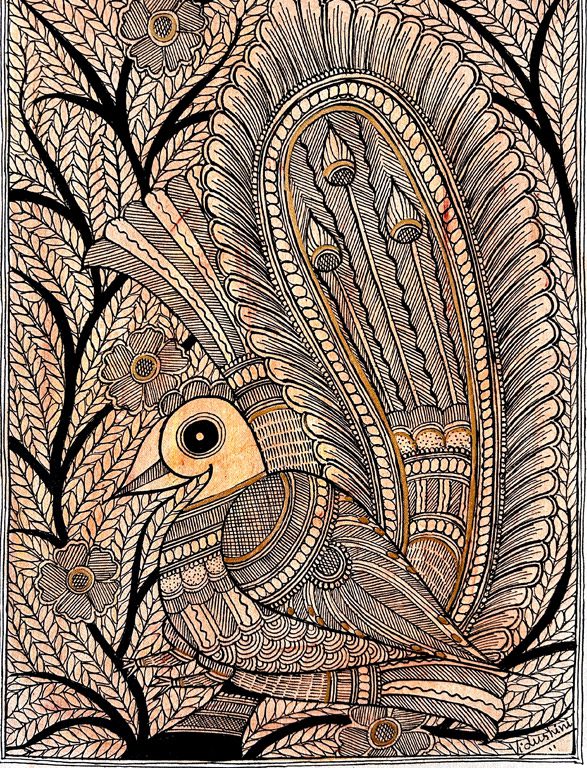 Golden Peacock in Ink Madhubani peacock line art by Vidushini Prasad 3