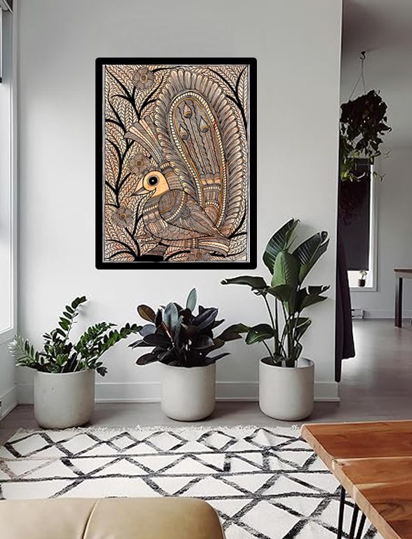 Golden Peacock in Ink Madhubani peacock line art by Vidushini Prasad on Wall