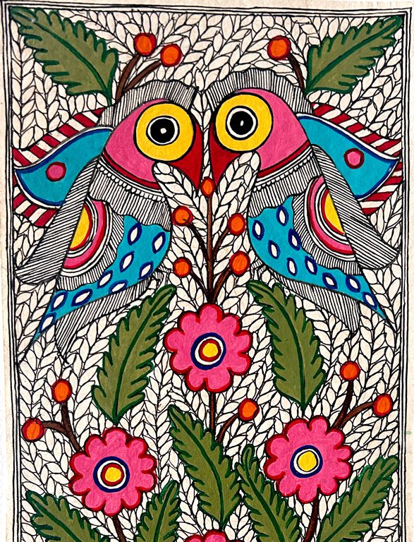 Love Birds on Flowering Tree Madhubani birds painting by Vidushini Prasad 2