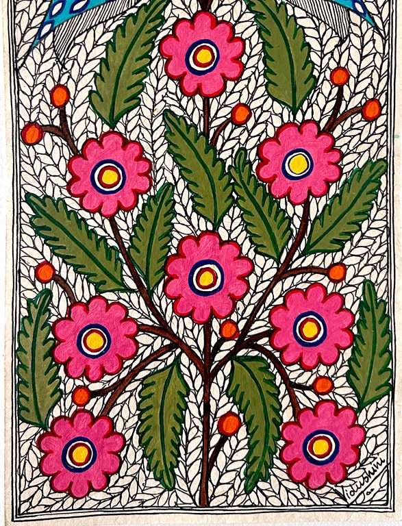 Love Birds on Flowering Tree Madhubani birds painting by Vidushini Prasad 3