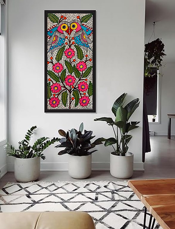 Love Birds on Flowering Tree Madhubani birds painting by Vidushini Prasad On Wall