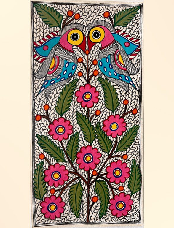 Love Birds on Flowering Tree Madhubani birds painting by Vidushini Prasad