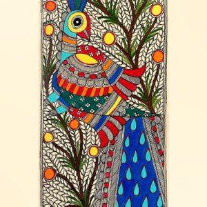 Peacock in the Orchard Madhubani peacock painting by Vidushini Prasad