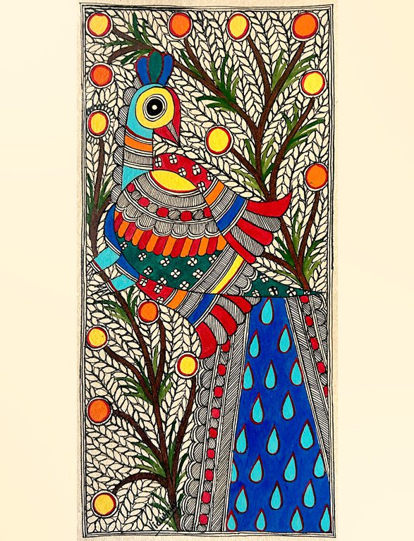 Peacock in the Orchard Madhubani peacock painting by Vidushini Prasad