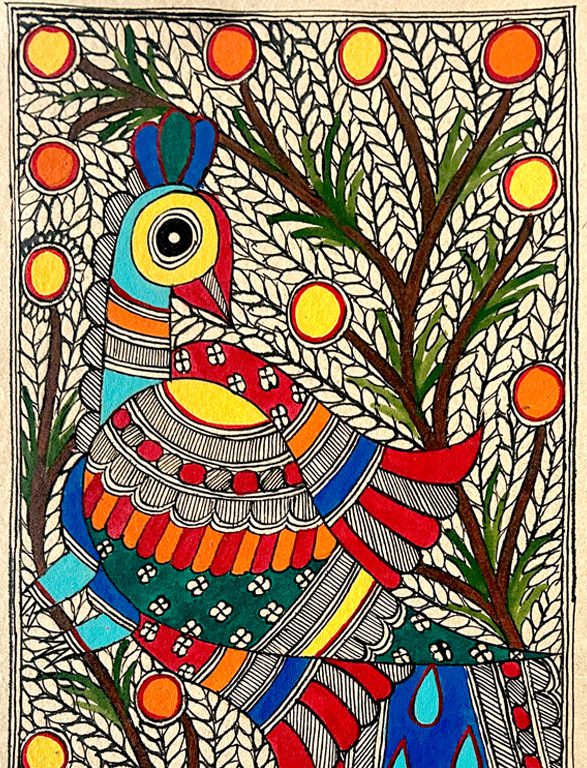 Peacock in the Orchard Madhubani peacock painting by Vidushini Prasad 2