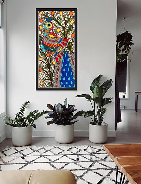 Peacock in the Orchard Madhubani peacock painting by Vidushini Prasad on the Wall