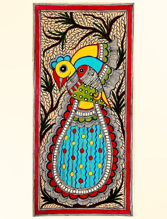 The Roundbird & The Fish Madhubani bird fish painting by Vidushini Prasad