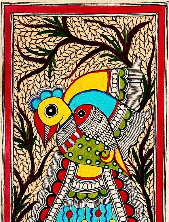 The Roundbird & The Fish Madhubani bird fish painting by Vidushini Prasad 2