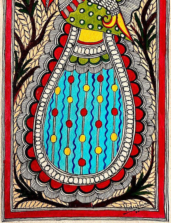 The Roundbird & The Fish Madhubani bird fish painting by Vidushini Prasad 3