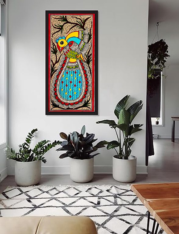 The Roundbird & The Fish Madhubani bird fish painting by Vidushini Prasad on Wall