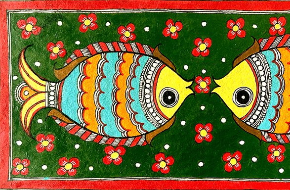 Twin Fish in Emerald Madhubani fish painting by Vidushini Prasad 2