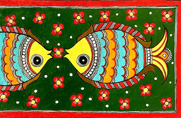 Twin Fish in Emerald Madhubani fish painting by Vidushini Prasad 3