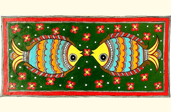 Twin Fish in Emerald Madhubani fish painting by Vidushini Prasad