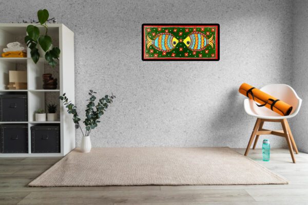 Twin Fish in Emerald Madhubani fish painting by Vidushini Prasad on Wall