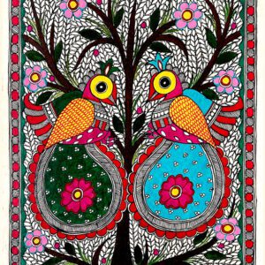 Twin Roundbirds on the Green Tree Madhubani birds painting by Vidushini Prasad