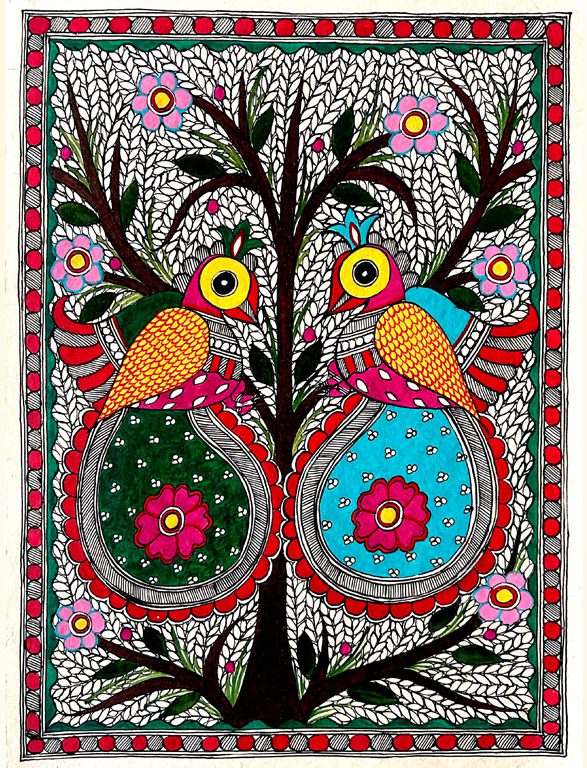 Twin Roundbirds on the Green Tree Madhubani birds painting by Vidushini Prasad