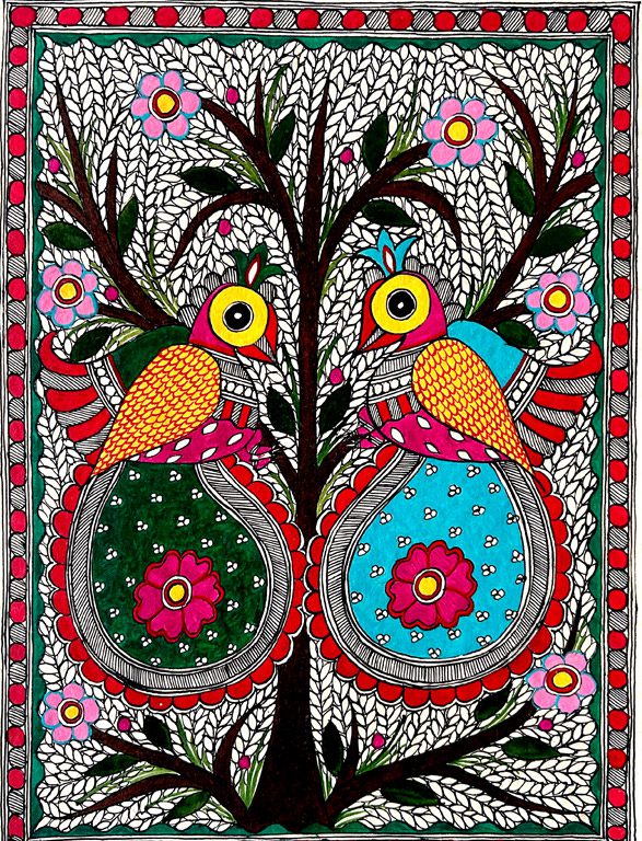 Twin Roundbirds on the Green Tree Madhubani birds painting by Vidushini Prasad 2