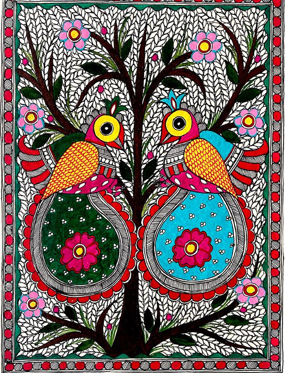 Twin Roundbirds on the Green Tree Madhubani birds painting by Vidushini Prasad 3
