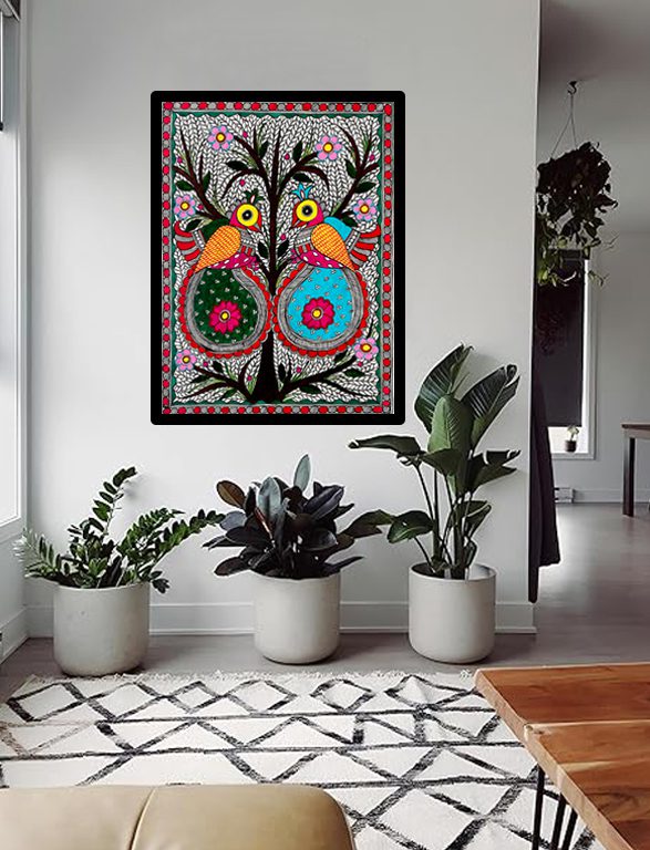 Twin Roundbirds on the Green Tree Madhubani birds painting by Vidushini Prasad on Wall