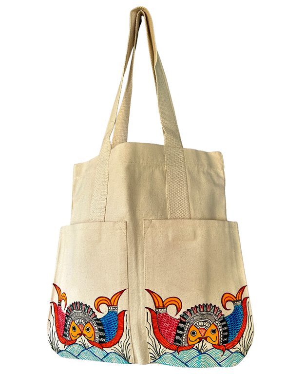 Crowned Madhubani fish tote bag by Vidushini Prasad