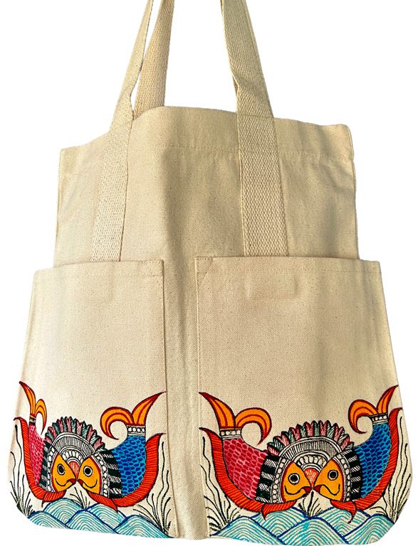 Crowned Madhubani fish tote bag by Vidushini Prasad 2