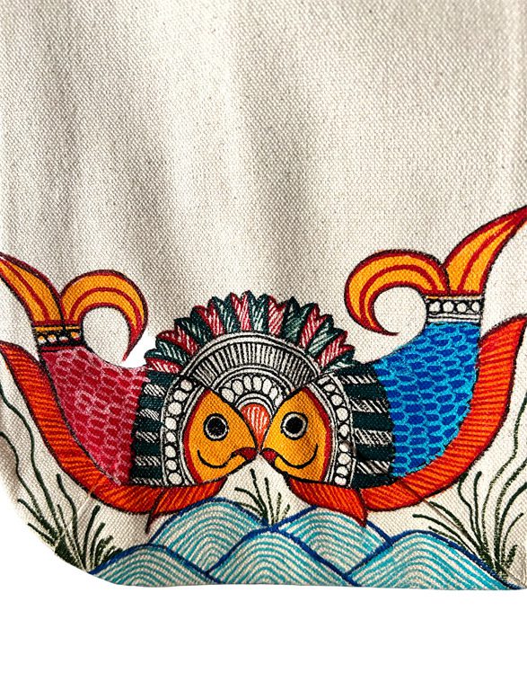 Crowned Madhubani fish tote bag by Vidushini Prasad 3