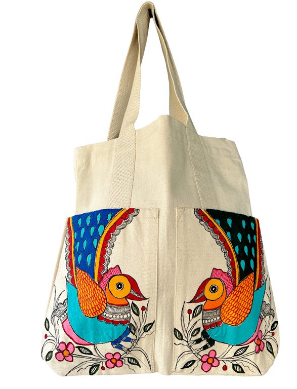 Flying Peacock Madhubani Peacock Tote Bag by Vidushini Prasad
