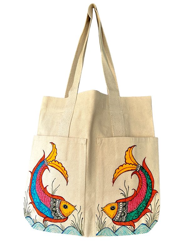 Leaping Fish Madhubani Fish Tote Bag by Vidushini Prasad