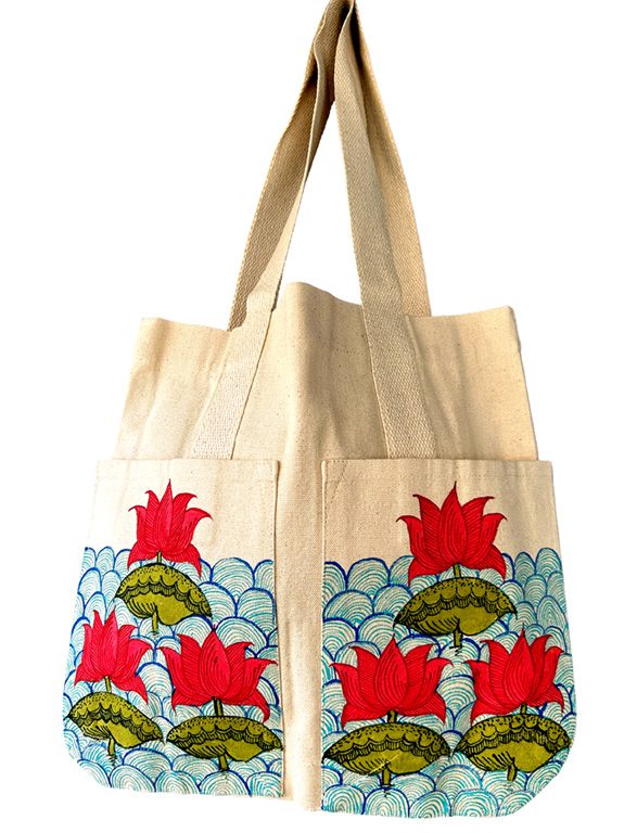 Lotus on Waves Madhubani Lotus Tote Bag by Vidushini Prasad