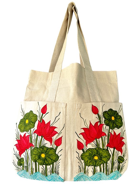 Lotus Pond Madhubani lotus Tote Bag by Vidushini Prasad