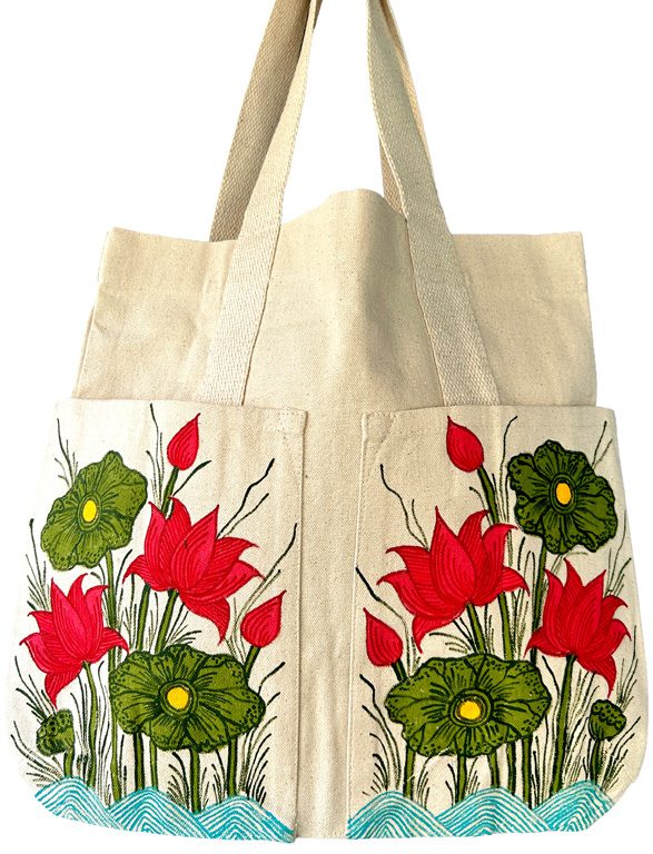 Lotus Pond Madhubani lotus Tote Bag by Vidushini Prasad 2