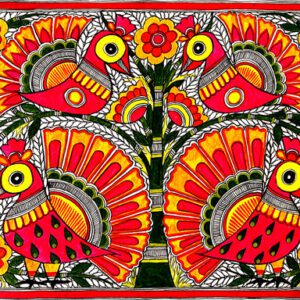 Lovebirds in Fuchsia Madhubani birds painting by Vidushini Prasad