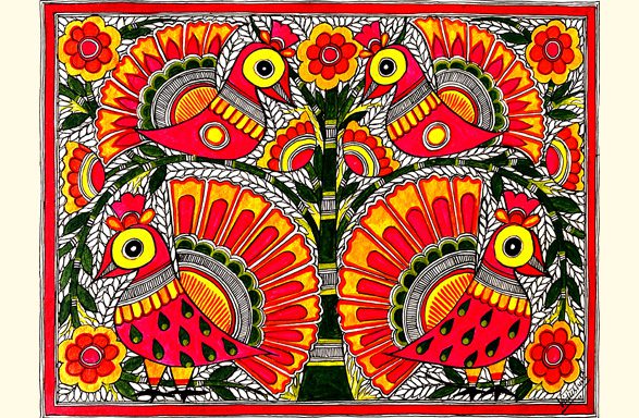 Lovebirds in Fuchsia Madhubani birds painting by Vidushini Prasad