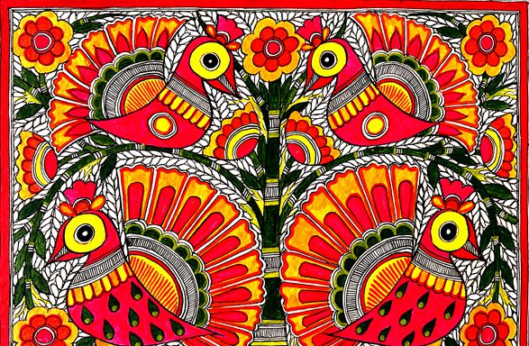 Lovebirds in Fuchsia Madhubani birds painting by Vidushini Prasad 2