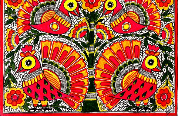Lovebirds in Fuchsia Madhubani birds painting by Vidushini Prasad 3