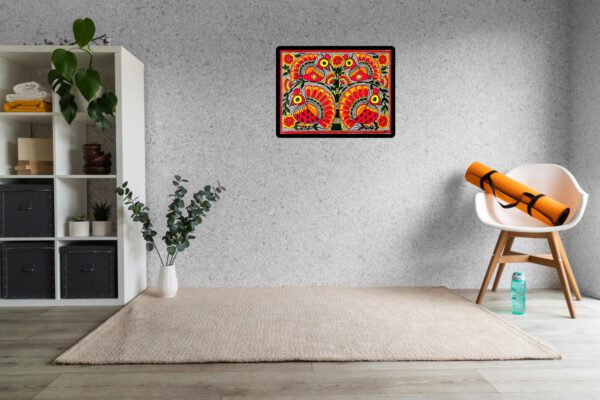 Lovebirds in Fuchsia Madhubani birds painting by Vidushini Prasad on Wall